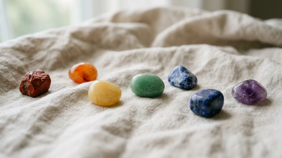 Chakra stones loosely arranged on linen for a guide to blocked chakras