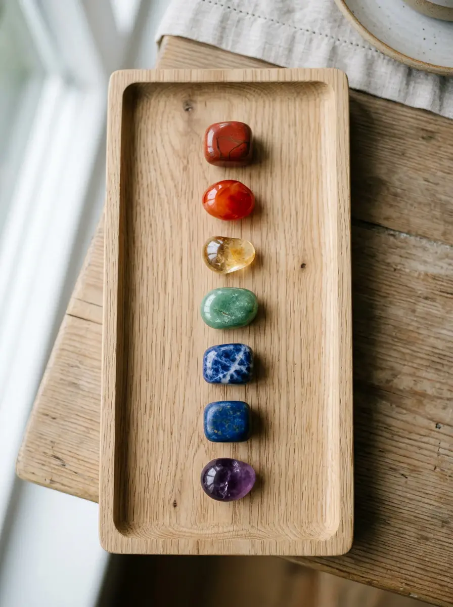 Seven chakra stones ordered red to violet for chakra balancing in Woodland Hills