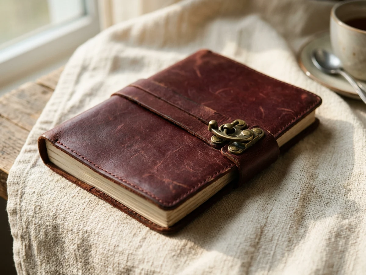 Closed leather journal with brass clasp representing confidential psychic readings