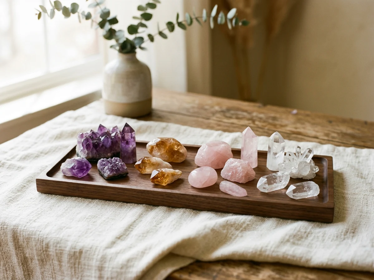 Crystal collection on a wooden tray at a Woodland Hills psychic reading studio