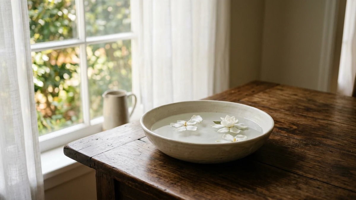 White petals floating in a water bowl for a karma cleansing guide