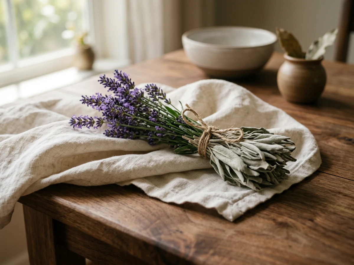 Lavender and unlit sage arranged on ivory linen in a Woodland Hills spiritual studio