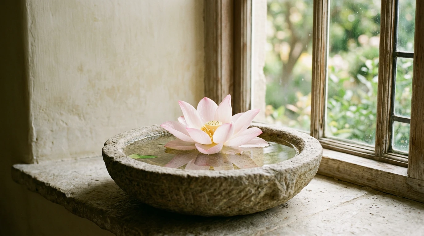Sunlit lotus flower floating in a stone bowl for spiritual guidance in Woodland Hills