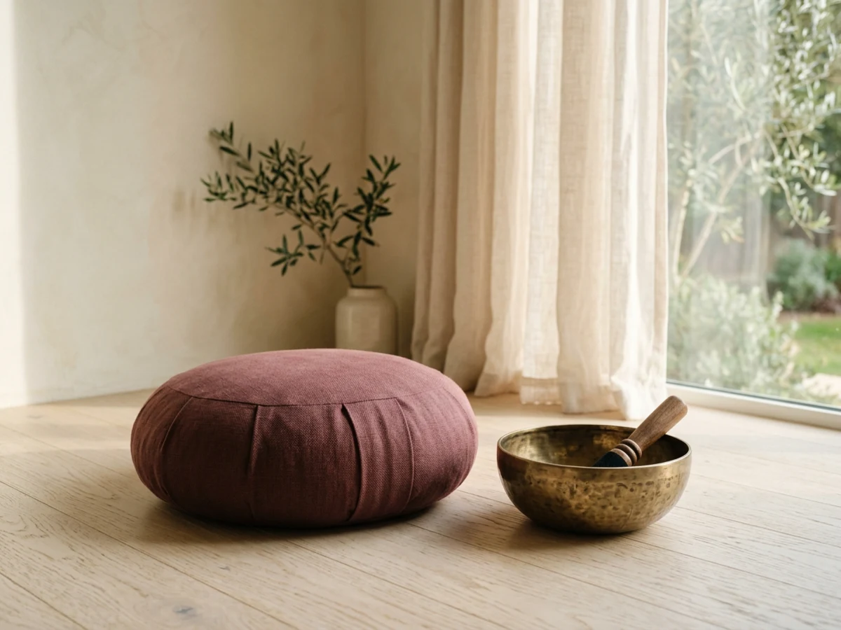 Meditation cushion and brass singing bowl in a serene Woodland Hills studio