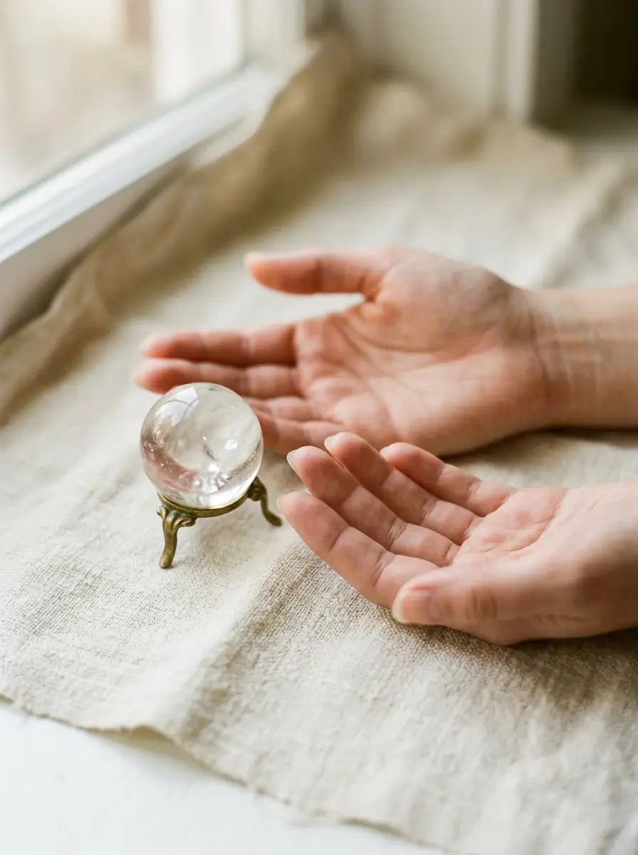Clear quartz sphere beside open hands for psychic readings in Woodland Hills