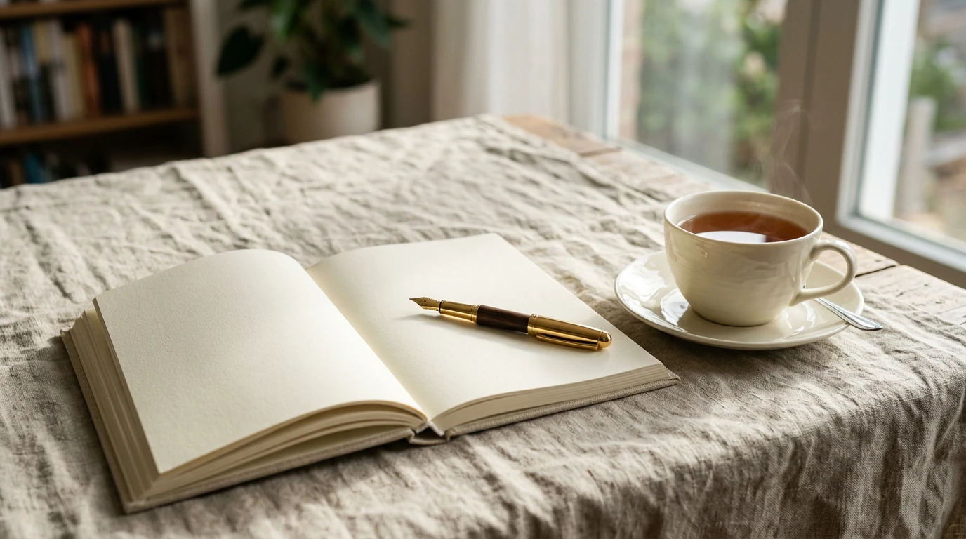 Open notebook, fountain pen and tea for psychic reading questions in Woodland Hills