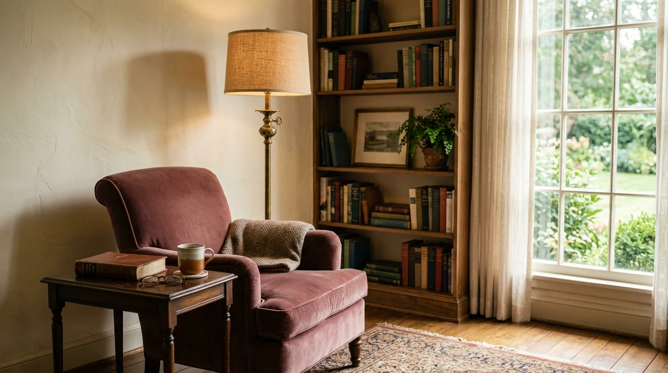 Warm ivory psychic reading room with velvet armchair in Woodland Hills