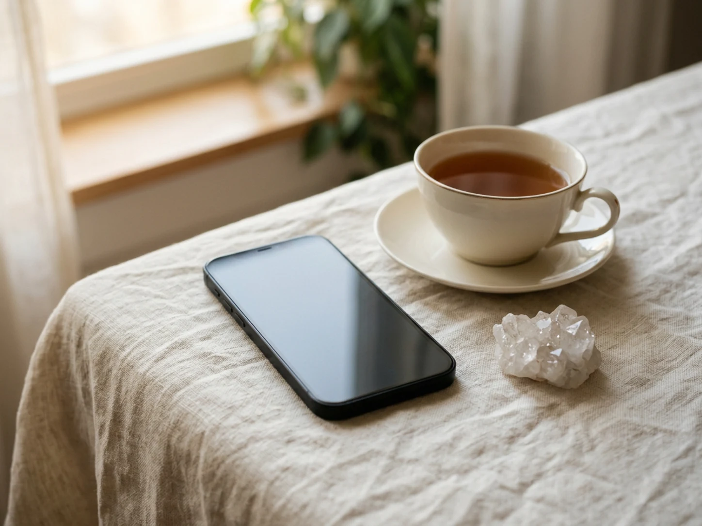 Smartphone, tea and crystal arranged for same-day virtual psychic readings in Woodland Hills