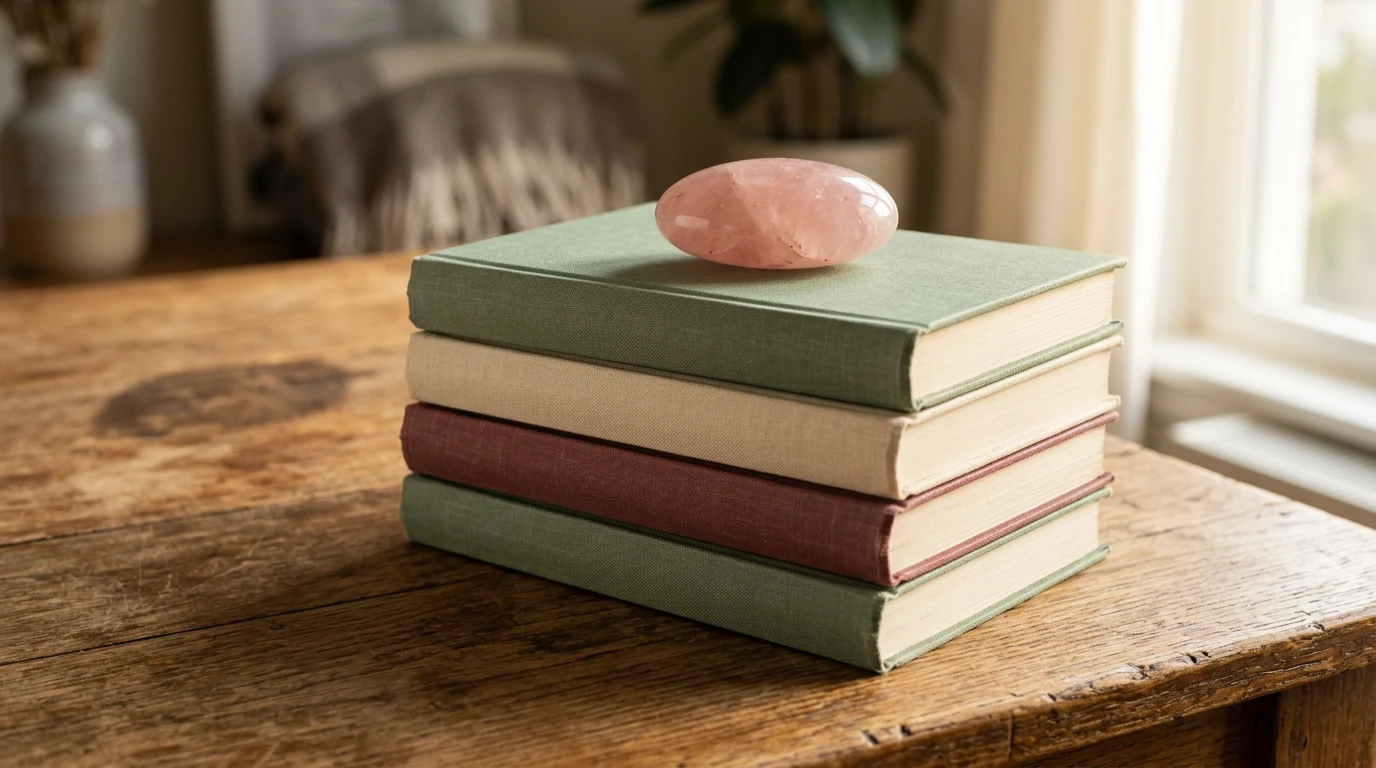 Spiritual guidance books topped with a rose-quartz palm stone