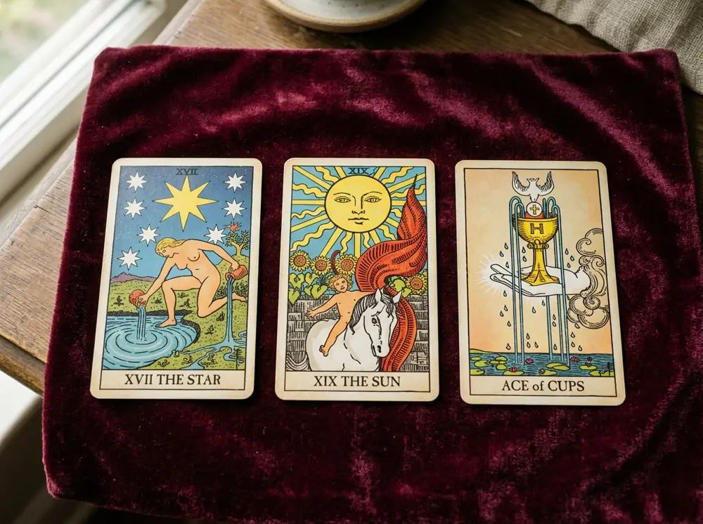 Three-card tarot spread on maroon velvet for tarot card readings in Woodland Hills