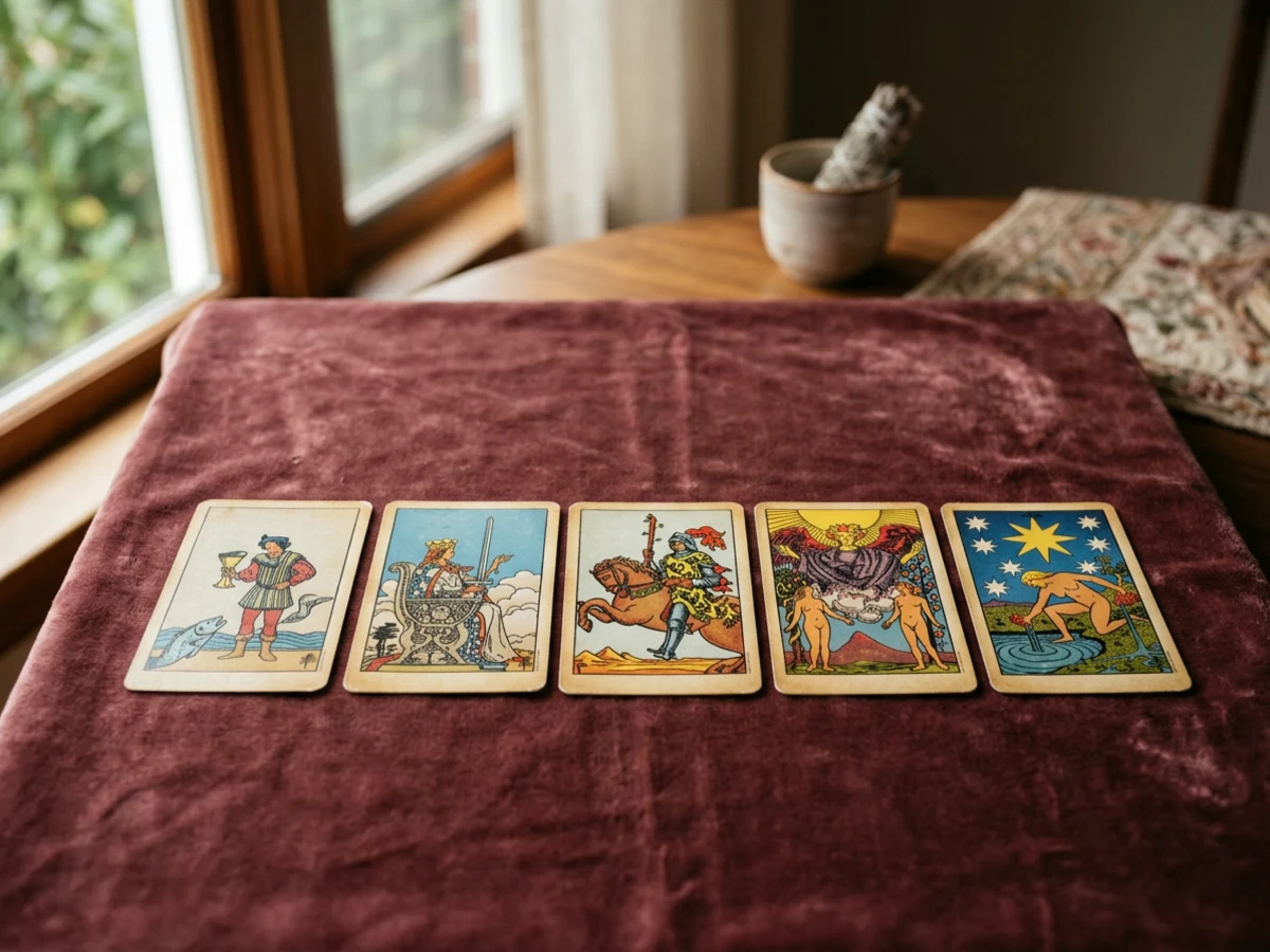 Tarot card spread on velvet inside Laura Psychic Reader studio in Woodland Hills