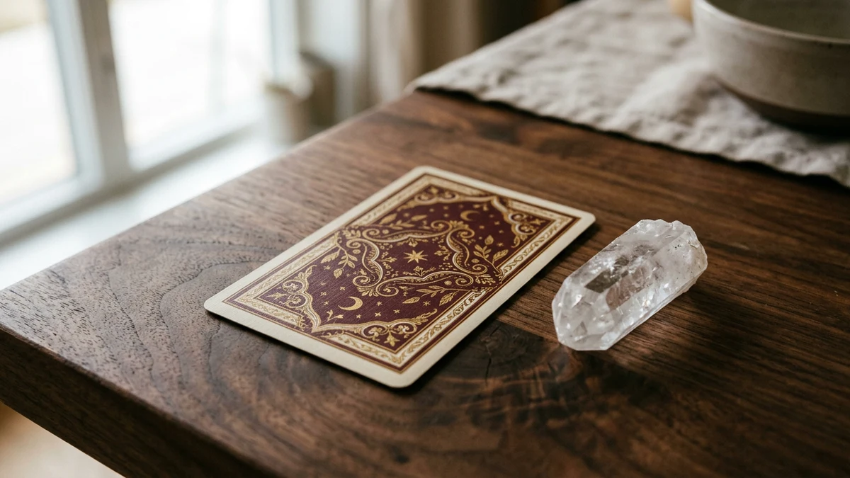 Tarot card beside clear quartz comparing tarot and psychic readings