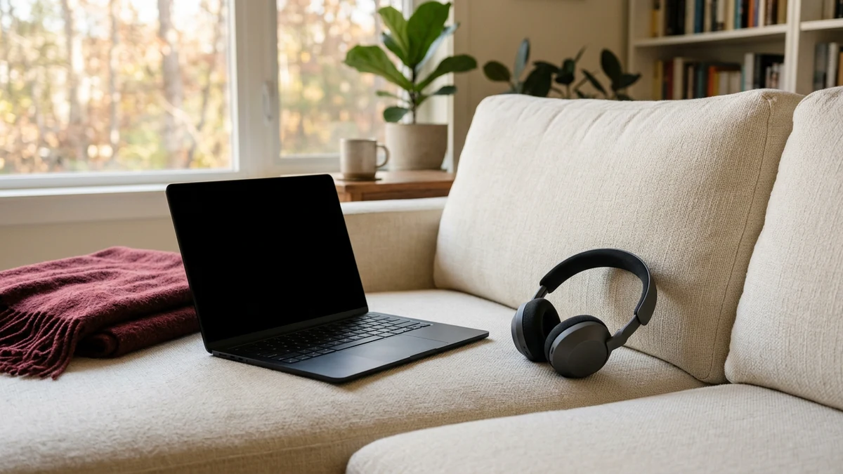 Laptop and headphones arranged for a virtual psychic reading from home
